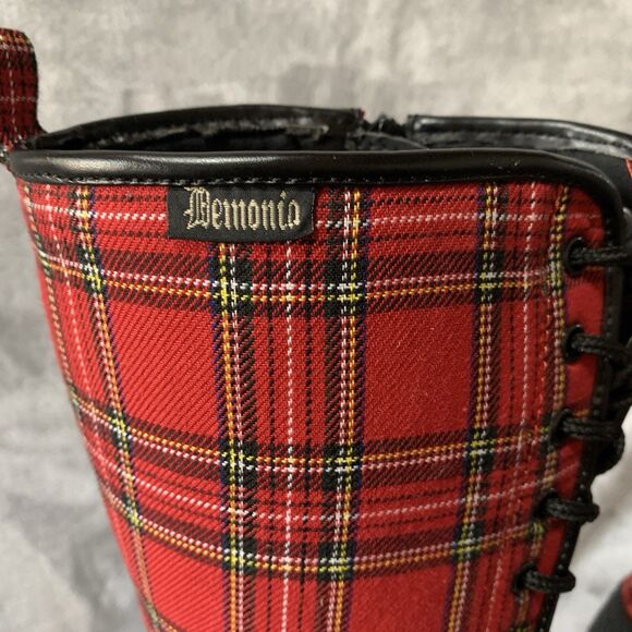 Demonia Women's 3.5" Platform Boots Size 7 Scene 100 Red Tartan Plaid 15” Tall - Picture 9 of 16